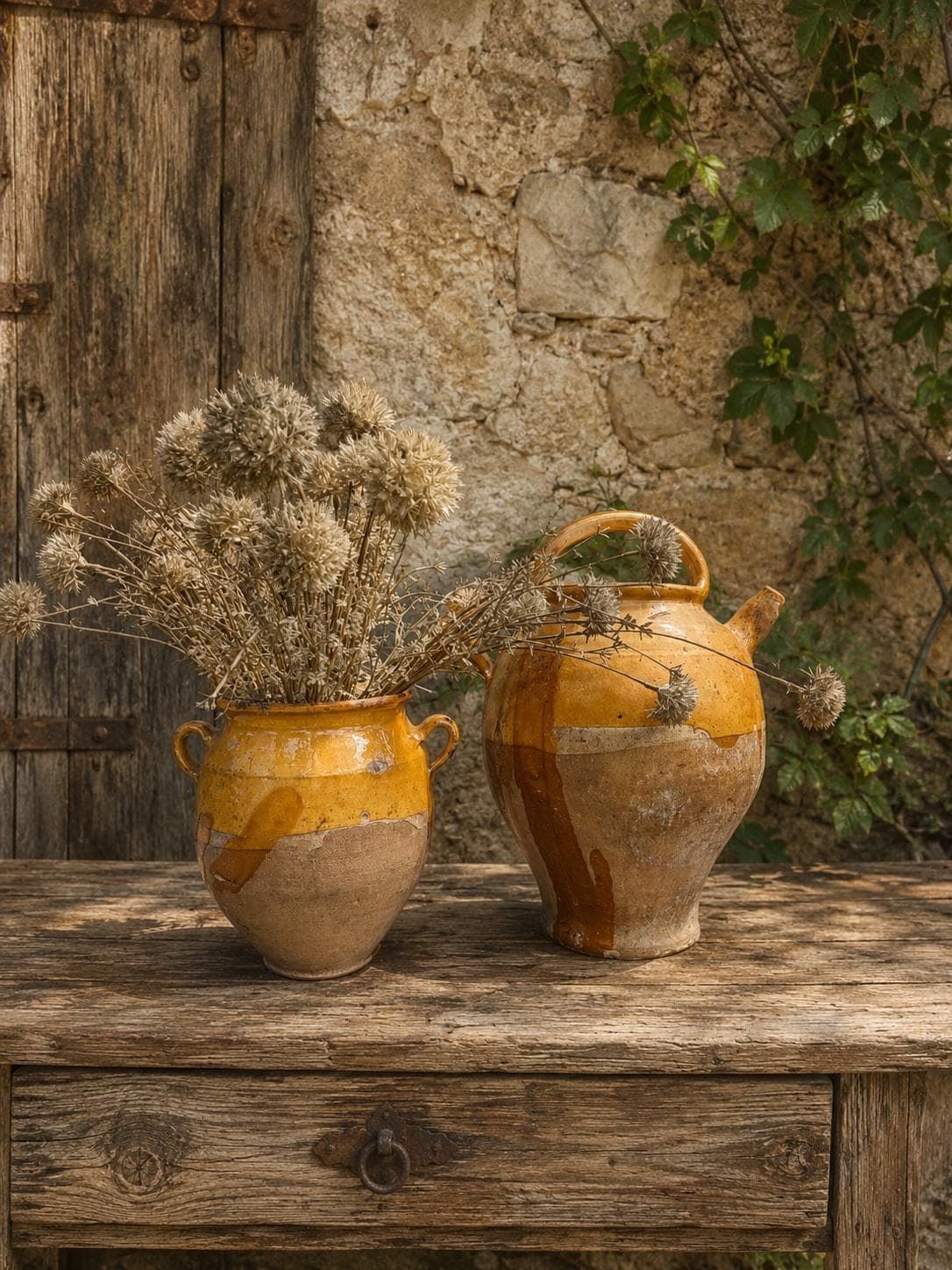 Two antique French confit pots with amber glaze on a weathered oak table